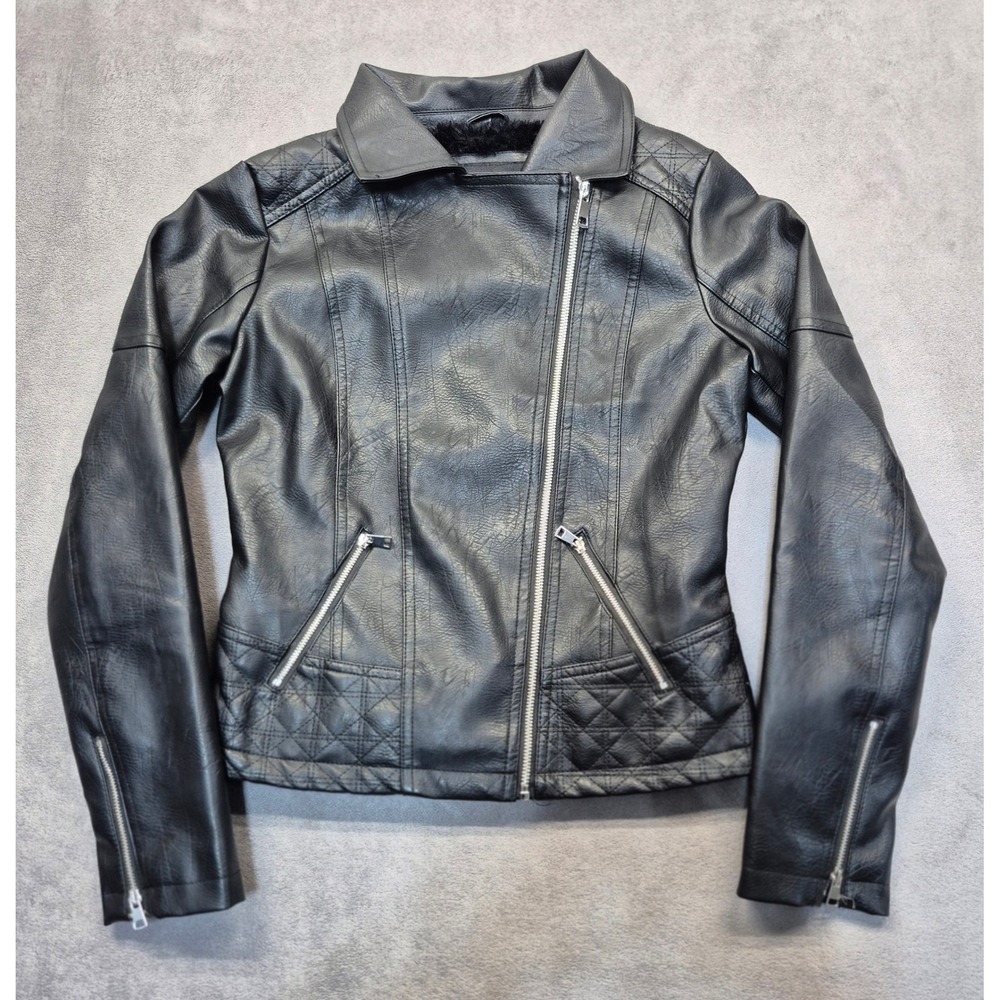 Fashion Nova Edgy Black Faux Leather Moto Jacket Faux Fur Lined Womens XS